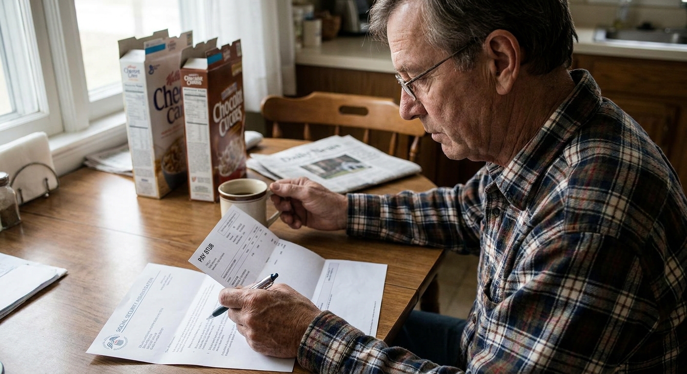 A 60-something worker sitting at a kitchen table reviewing a paycheck stub and a Social Security letter, natural window light, realistic documentary photo style