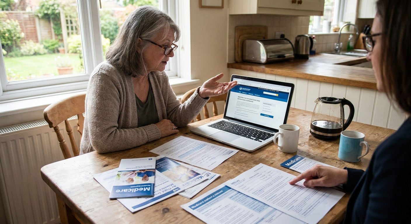 A 65-year-old adult sitting at a kitchen table reviewing Medicare paperwork and a laptop during an enrollment appointment at home, realistic photo