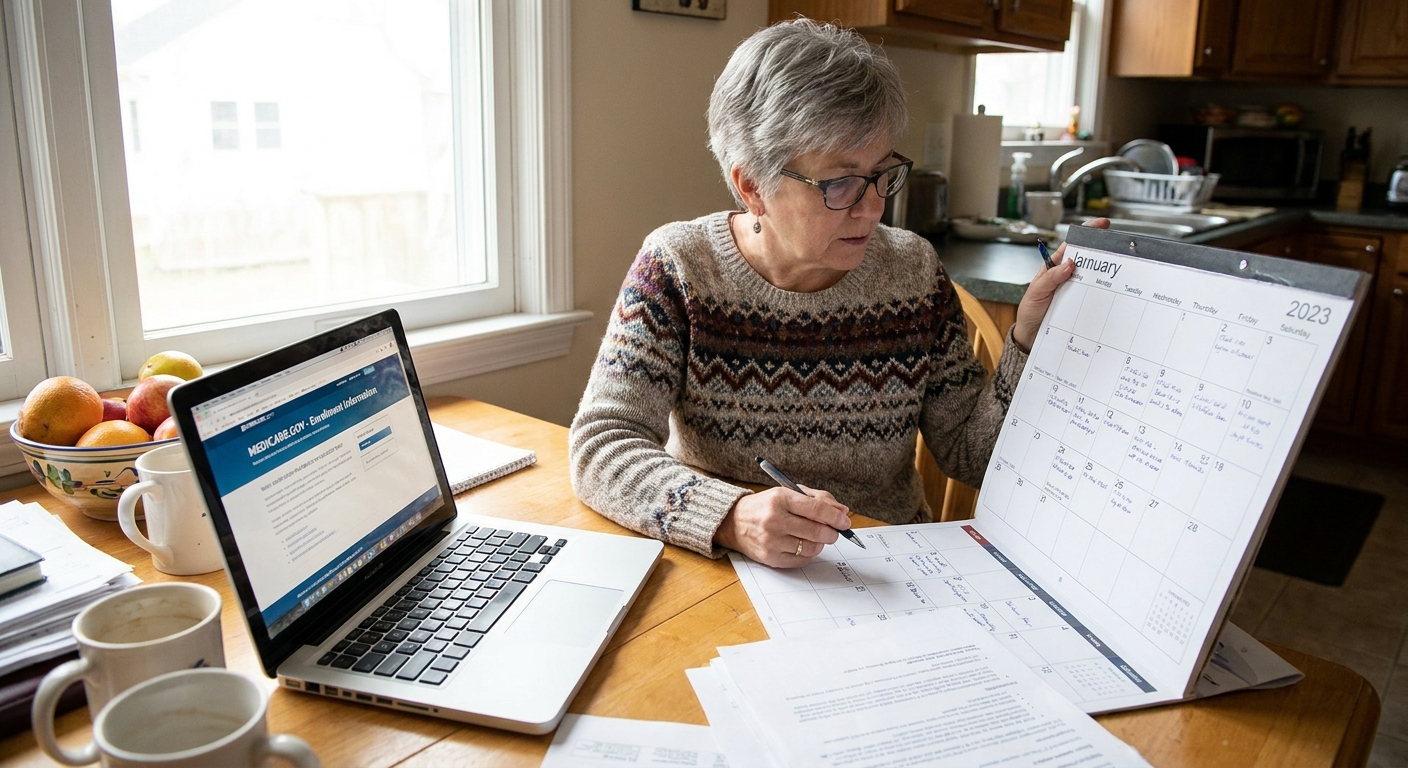A 65-year-old adult sitting at a kitchen table with a paper calendar and a laptop open to Medicare enrollment information, realistic photography style