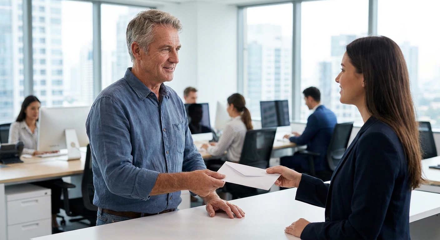 A 65-year-old worker in an office handing a resignation letter to a manager, realistic corporate photography