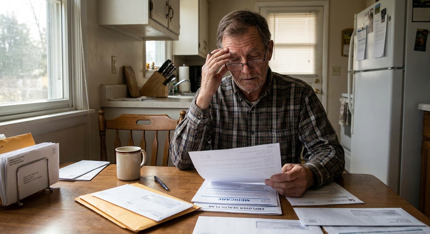 A 65-year-old worker sitting at a kitchen table reviewing Medicare mail and employer health insurance paperwork, natural window light, realistic photography
