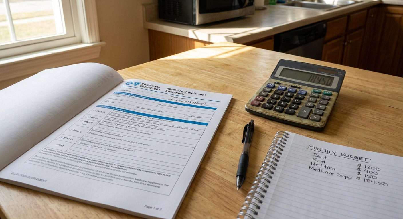 A Medicare Supplement enrollment form on a kitchen table next to a calculator, a pen, and a notebook with monthly budget notes