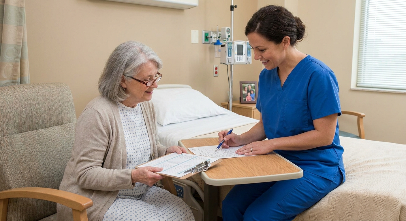 A Medicare-age patient sitting in a hospital room reviewing admission paperwork with a nurse, real-life photo