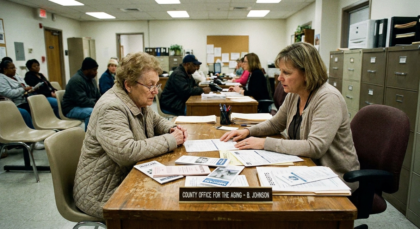 A Medicare beneficiary sitting with a benefits counselor at a desk while reviewing paperwork in a county assistance office, documentary photo style