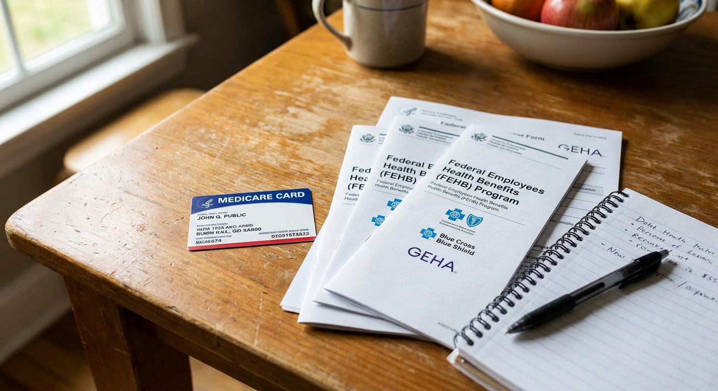 A Medicare card and Federal Employees Health Benefits paperwork laid out on a kitchen table next to a pen and notepad, real life photo