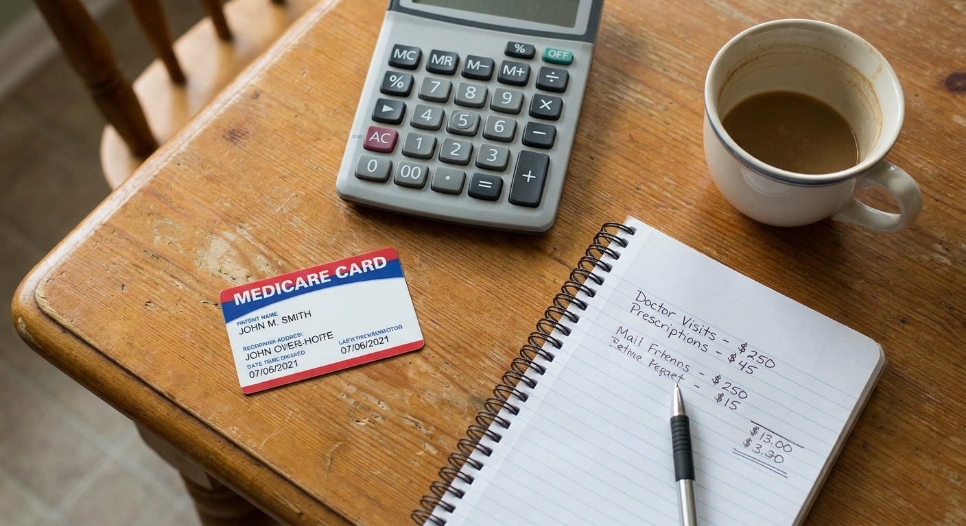 A Medicare card next to a basic calculator and a notepad on a kitchen table, suggesting someone is budgeting healthcare costs at home