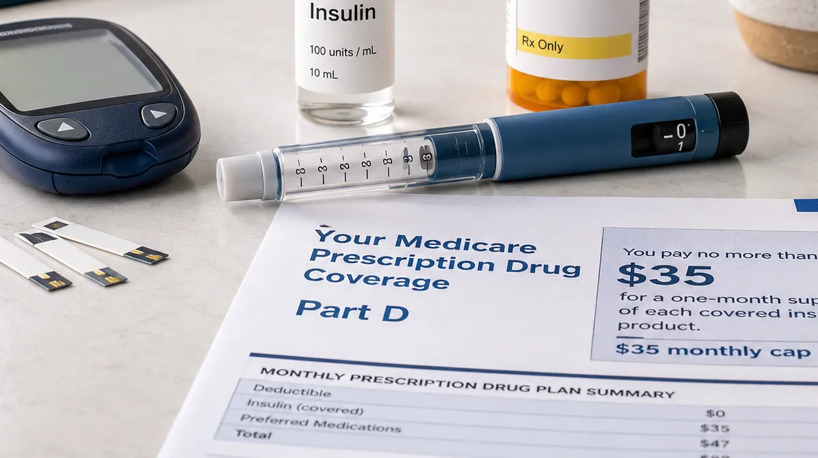 A Medicare card next to a pill bottle and a calculator on a kitchen table