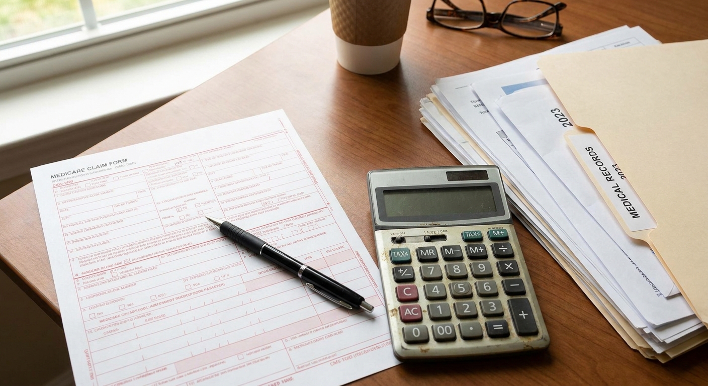 A Medicare claim form and a pen on a desk next to a calculator, with paperwork neatly stacked nearby