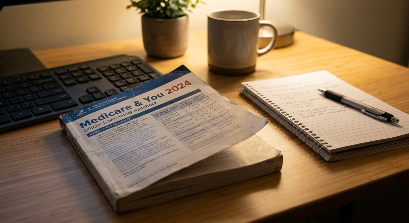 A Medicare handbook and a notepad on a tidy desk next to a computer keyboard, warm indoor lighting, documentary photography style