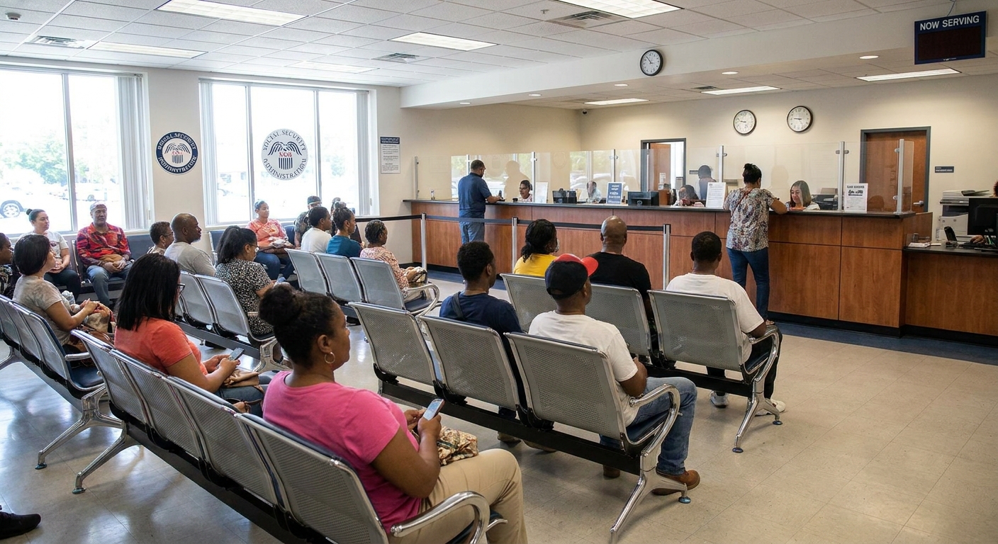 A Social Security Administration field office waiting room with people seated in chairs and a service counter in the background, natural light, documentary photo style