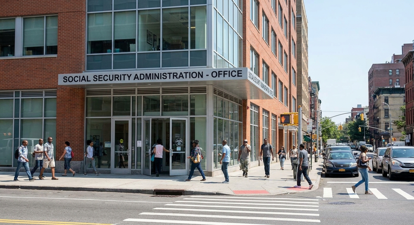A Social Security Administration office building exterior on a clear daytime, real-world street scene with people walking past the entrance
