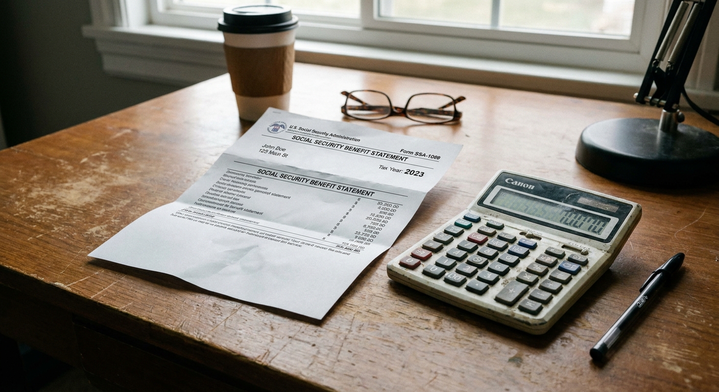 A Social Security SSA-1099 form lying on a desk next to a calculator and a pen, realistic photo