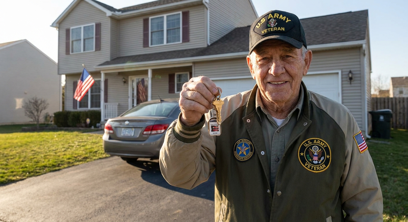 A US military veteran standing in the driveway of a suburban home holding a set of house keys, natural daylight, real photo style