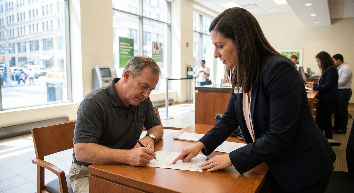 A bank customer signing a document at a branch desk while a banker points to the signature line, natural indoor lighting, real photograph