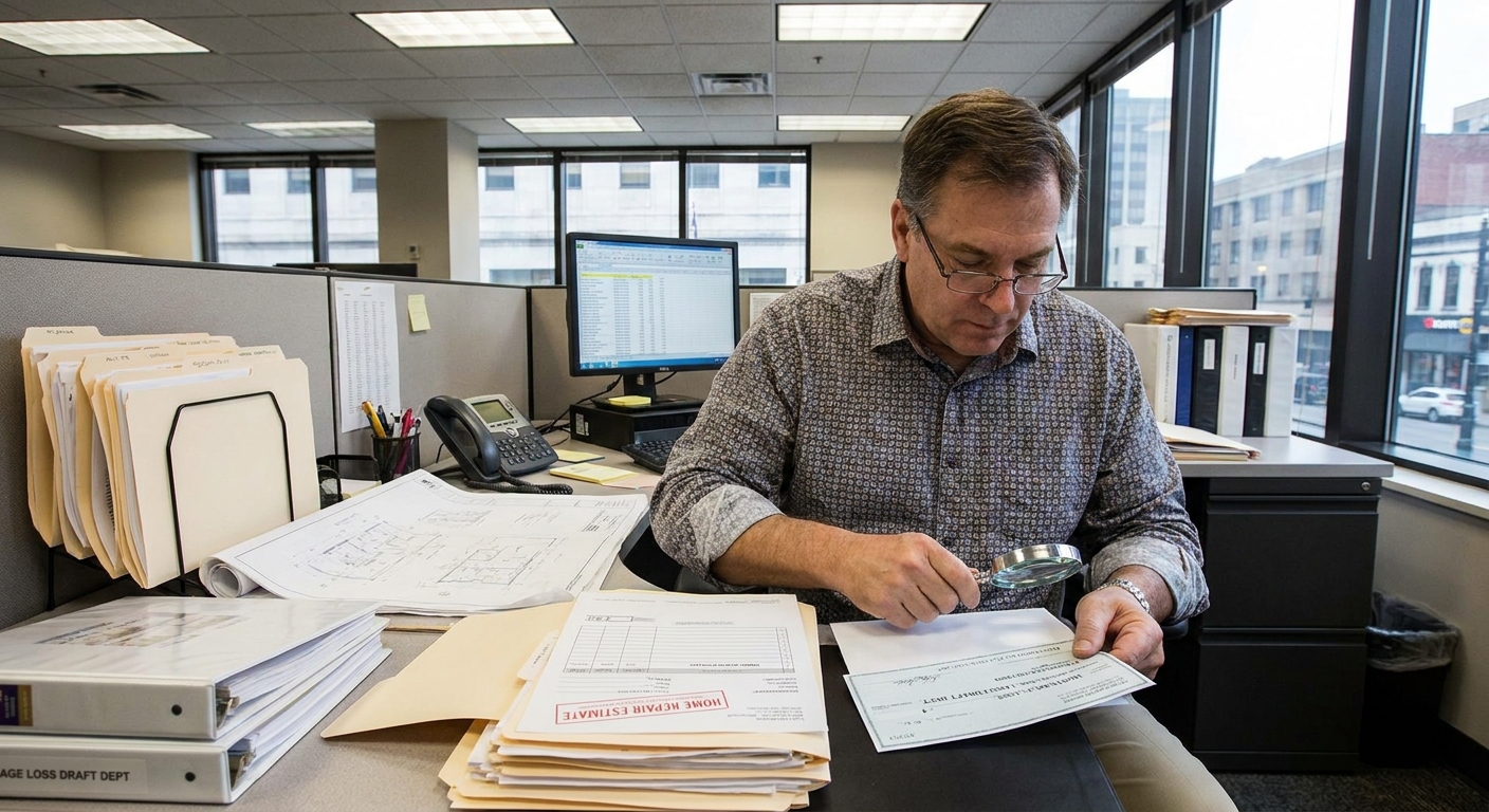 A bank employee in an office reviewing a stack of home repair documents and a claim check for a mortgage loss draft process, realistic indoor photograph
