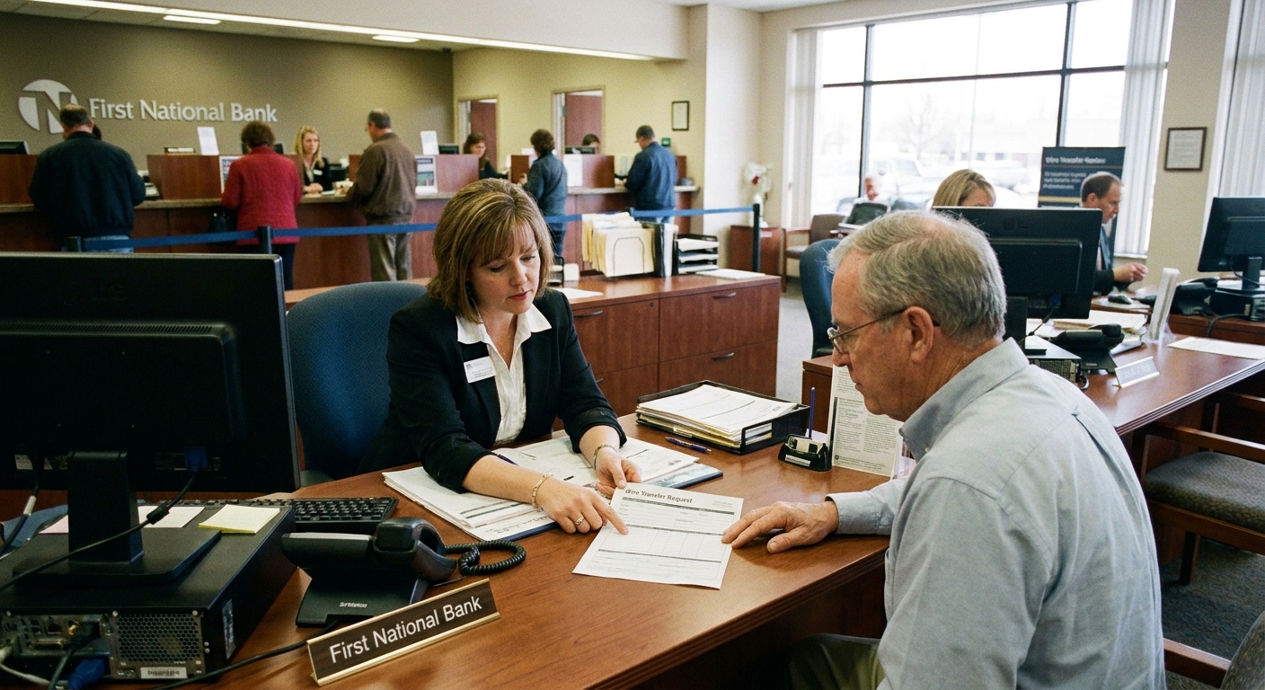 A bank representative seated across from a customer at a branch desk, reviewing a wire transfer form in a realistic banking environment