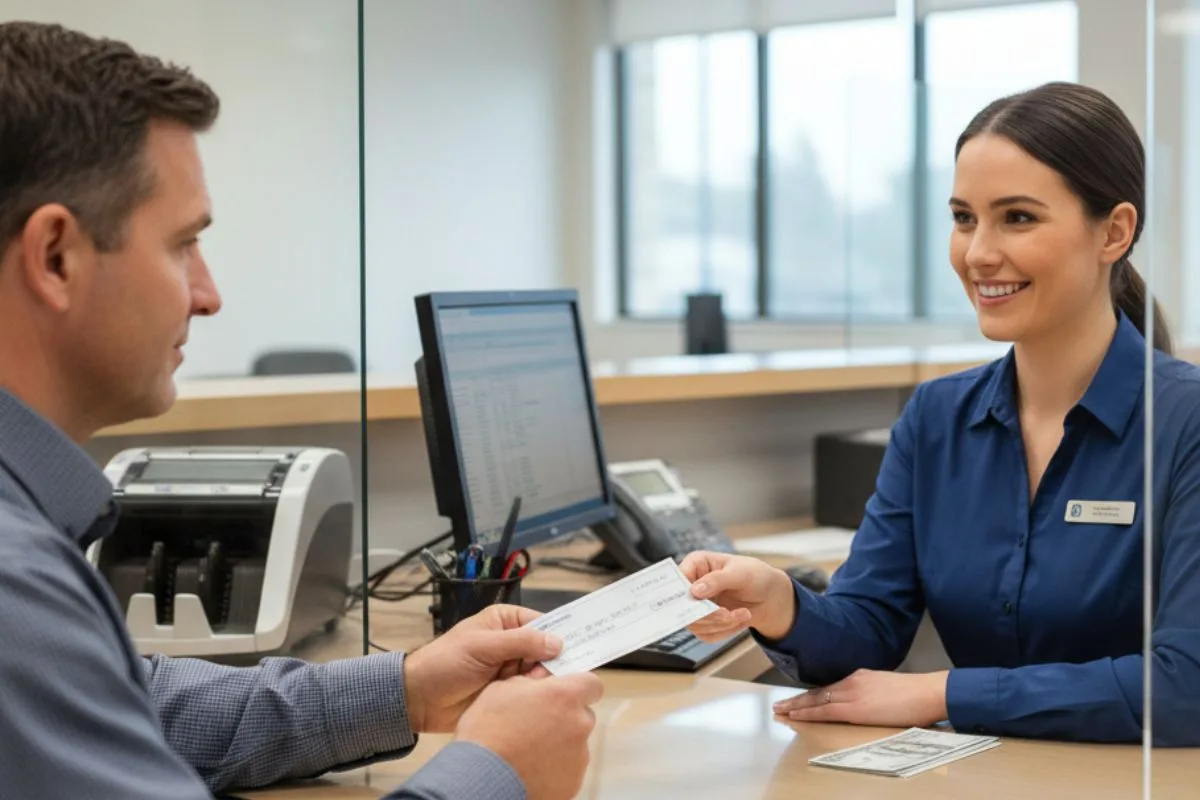 A bank teller speaking with a customer across a counter inside a bright neighborhood bank branch