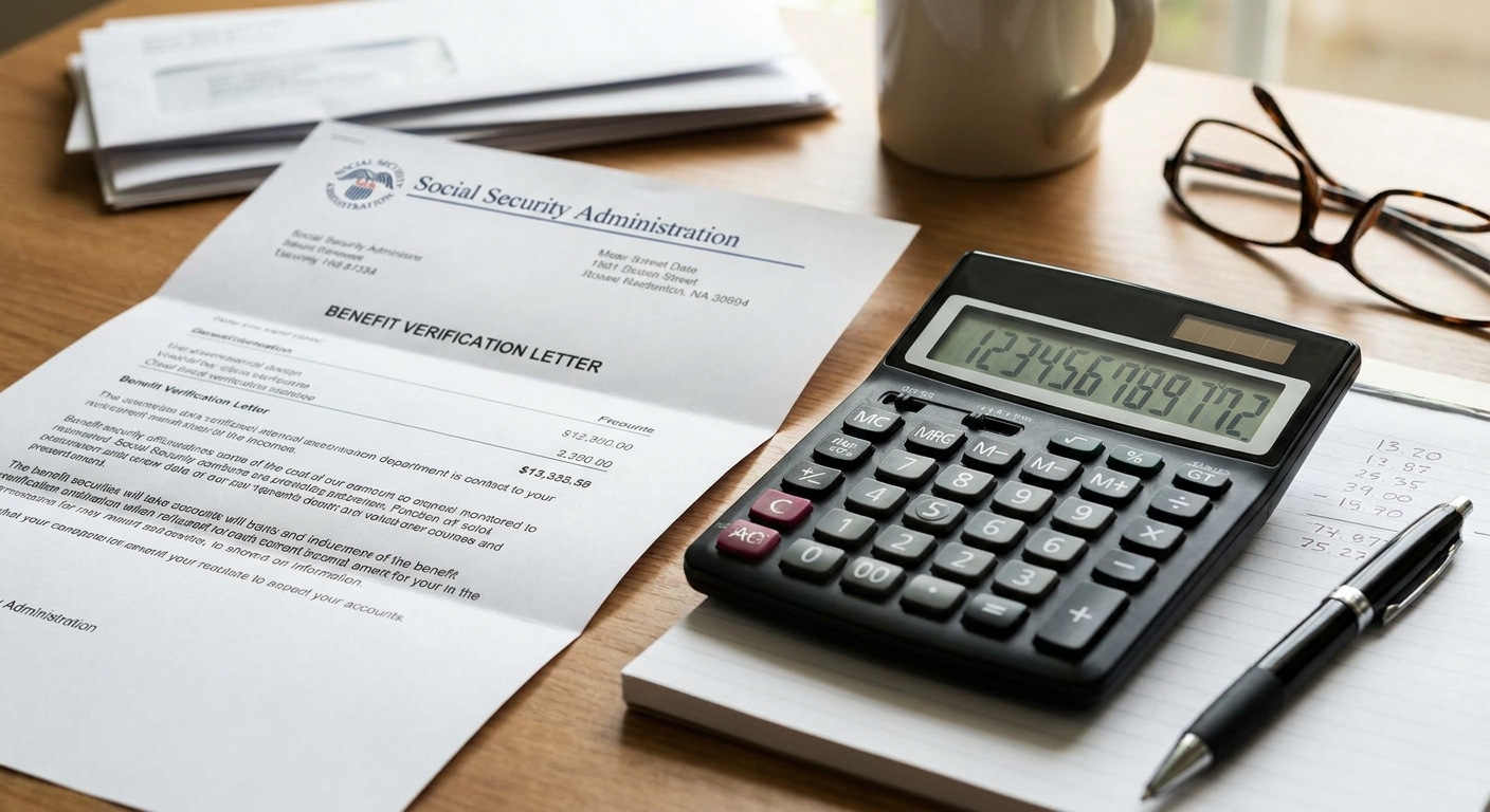 A benefit verification letter on a tabletop next to a calculator and a black pen, showing a realistic paperwork check-in moment