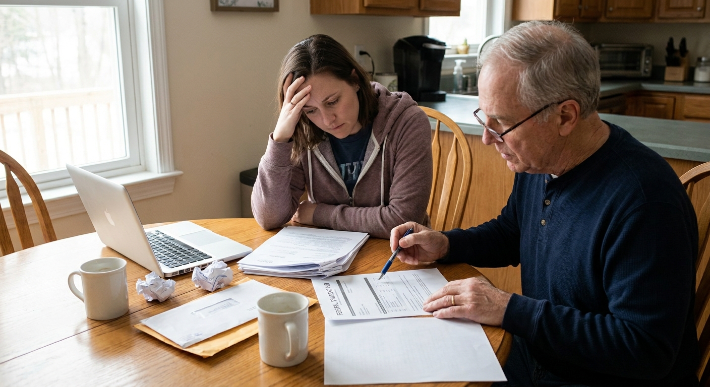 A borrower and an older family member sitting at a kitchen table reviewing student loan paperwork together, natural light, realistic photo
