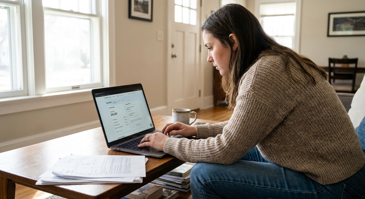 A borrower at home typing on a laptop while reviewing their StudentAid.gov loan details on screen, natural light photography style