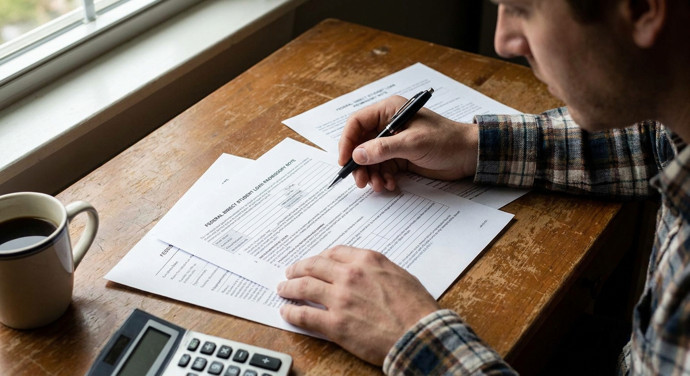 A borrower holding a pen over a student loan promissory note on a desk, realistic photo