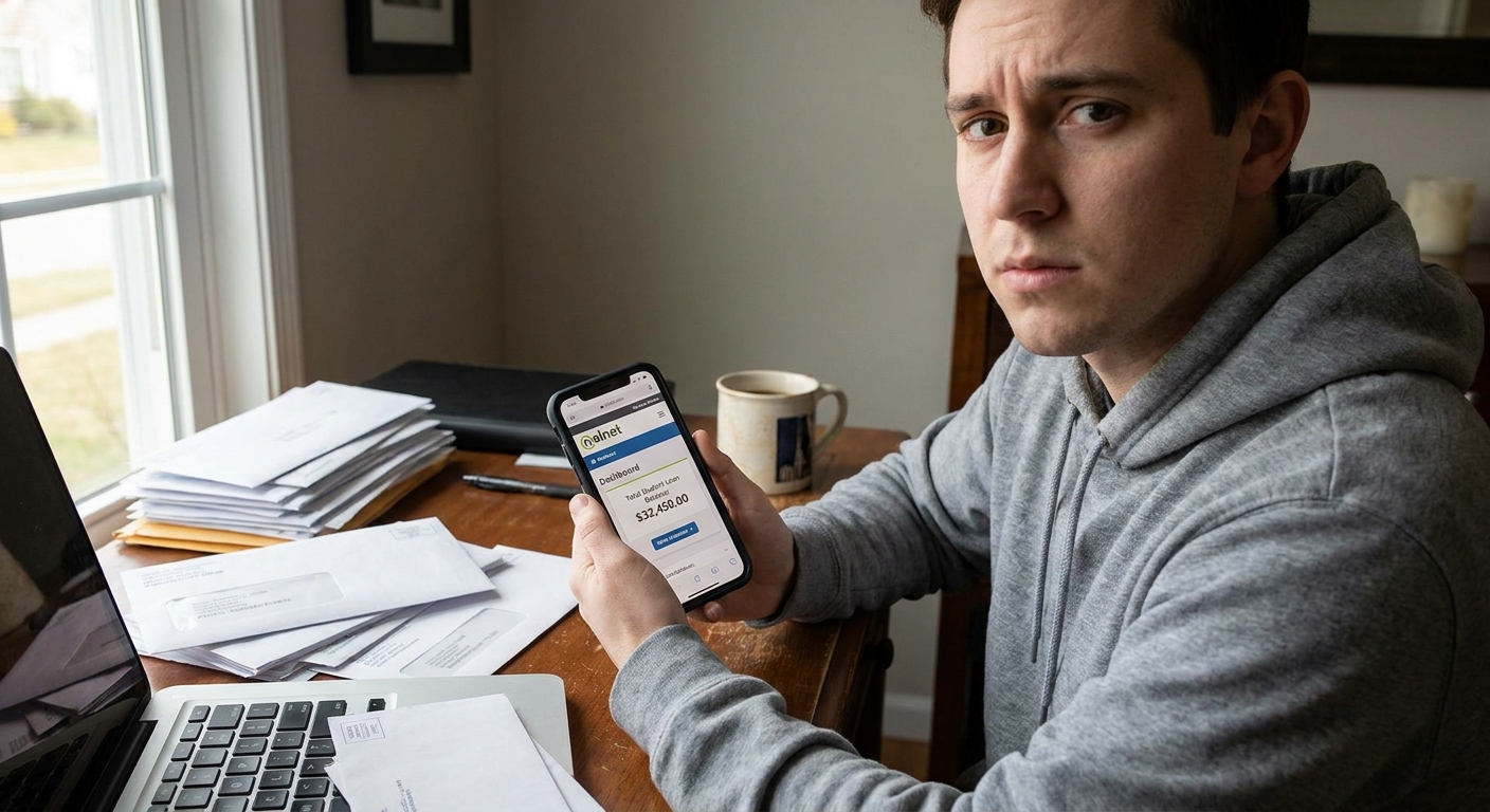 A borrower holding a phone and checking a student loan servicer account page at a desk, real photo