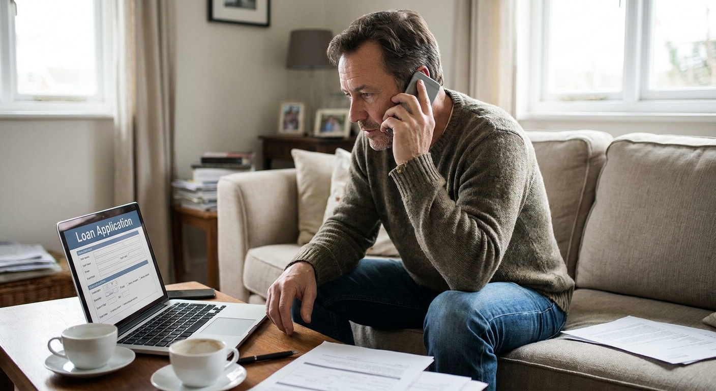 A borrower holding a phone in a quiet living room while looking at a laptop screen, candid real-life photo