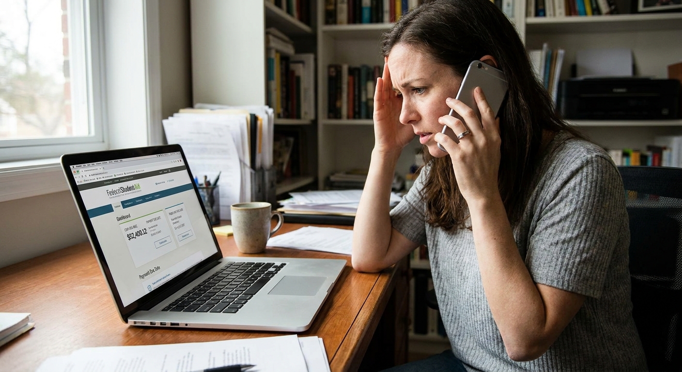 A borrower holding a phone to their ear while looking at a laptop with a student loan account open, realistic home office photograph