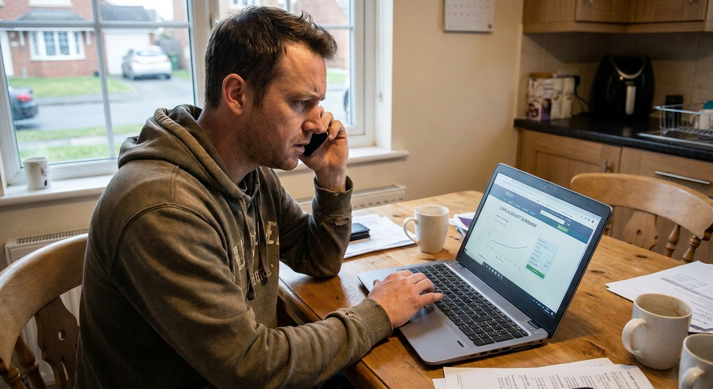 A borrower holding a phone while looking at a laptop with an open account page, making a customer service call at home