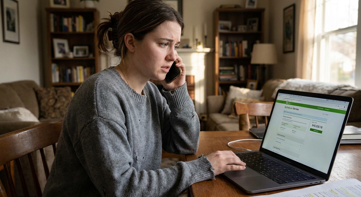 A borrower holding a smartphone to their ear while looking at a laptop open to a student loan account page at home, realistic photography