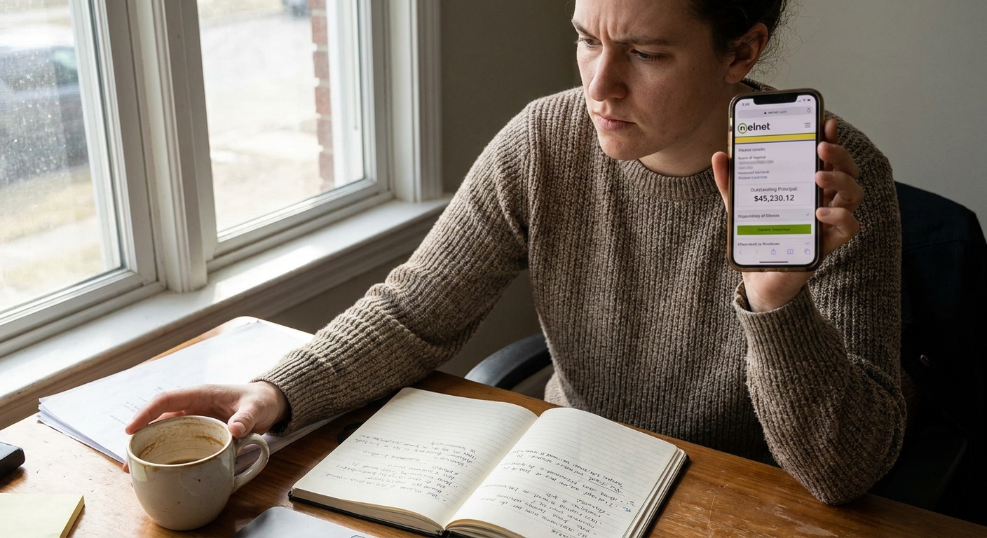 A borrower holding a smartphone while logged into a student loan servicer account page, seated at a desk with a notebook and coffee mug, natural window light