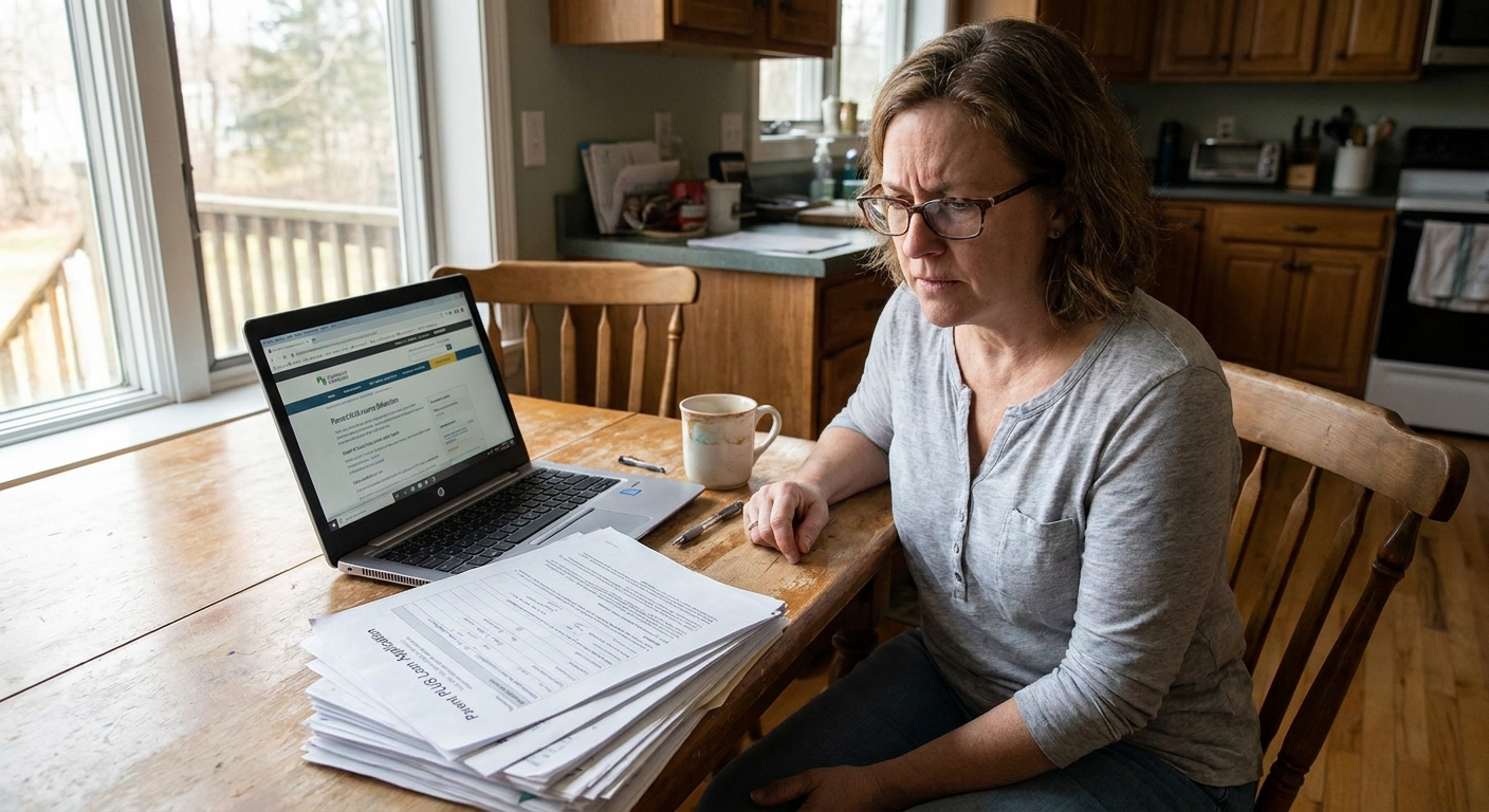 A borrower reviewing Parent PLUS loan paperwork at a kitchen table with a laptop and a cup of coffee, natural light, realistic photography