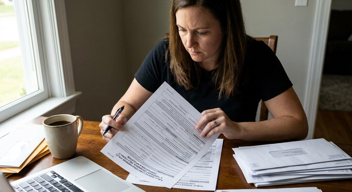 A borrower reviewing a PSLF employer certification form at a desk with a pen and paperwork, realistic photo