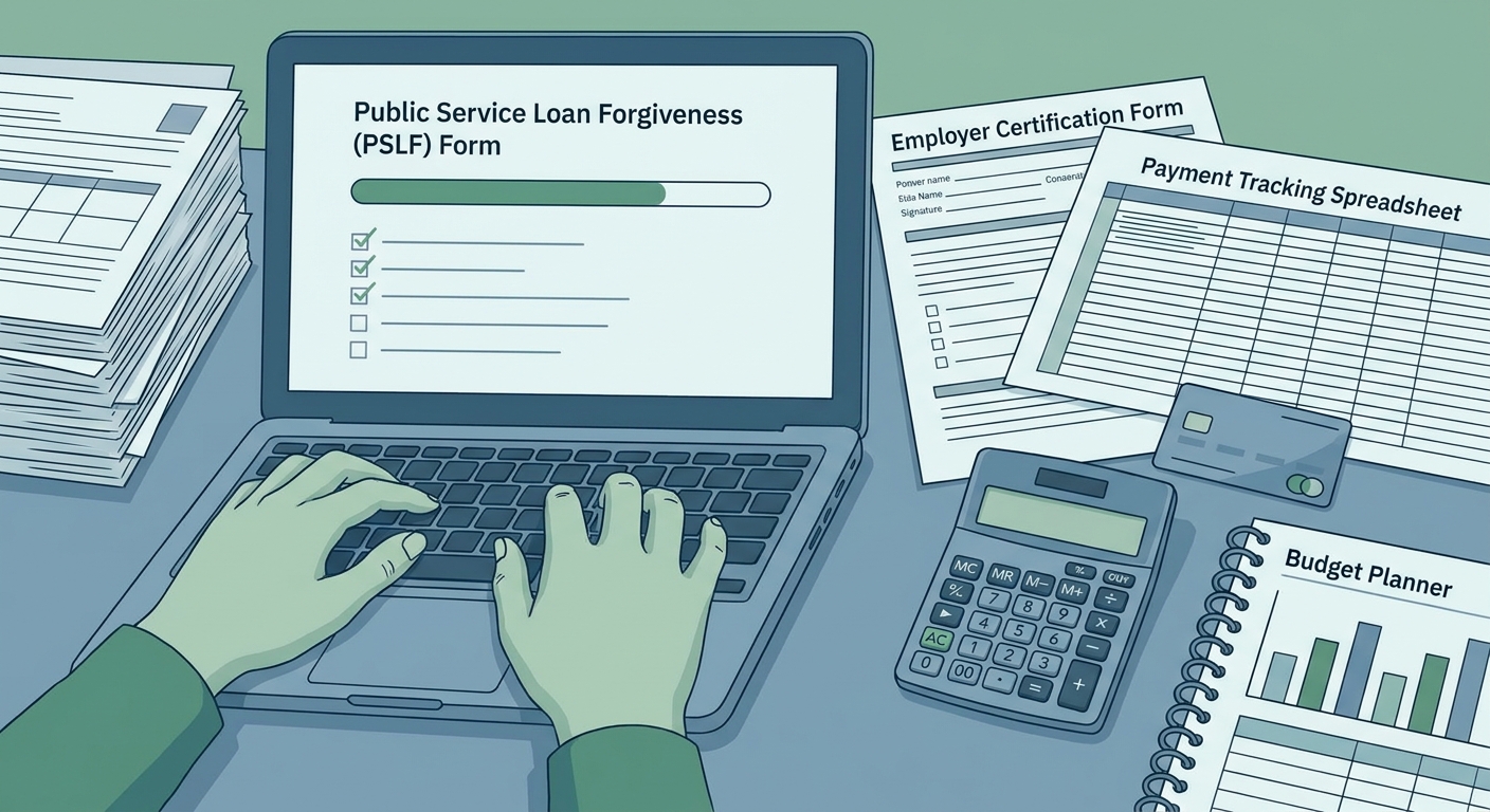 A borrower reviewing a PSLF form on a laptop next to printed documents, representing employer certification and payment tracking