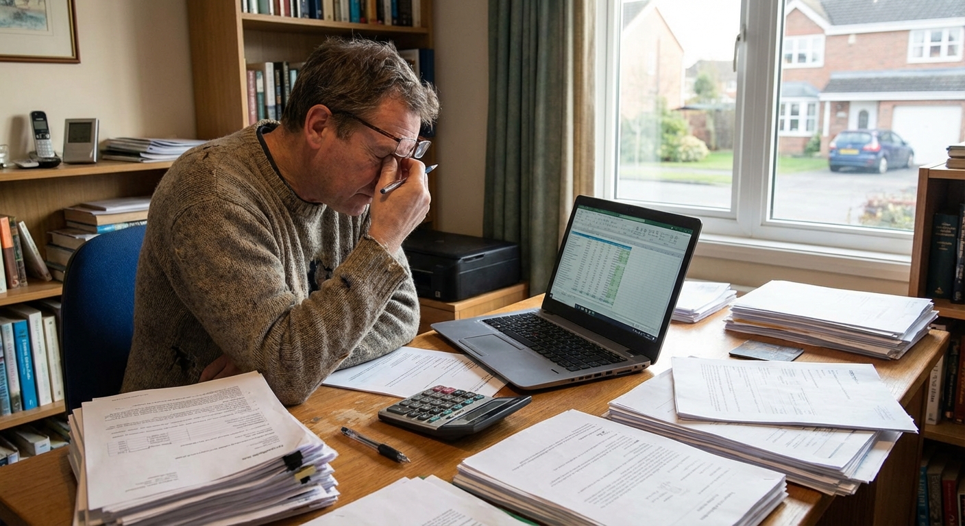 A borrower reviewing refinance paperwork at a home office desk with a calculator and laptop, realistic photography