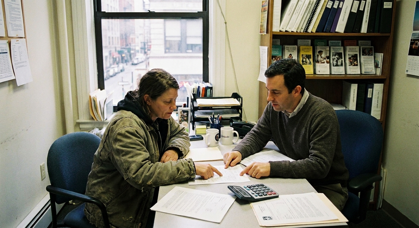 A borrower sitting across from a financial counselor in a small office, reviewing paperwork together, realistic photo