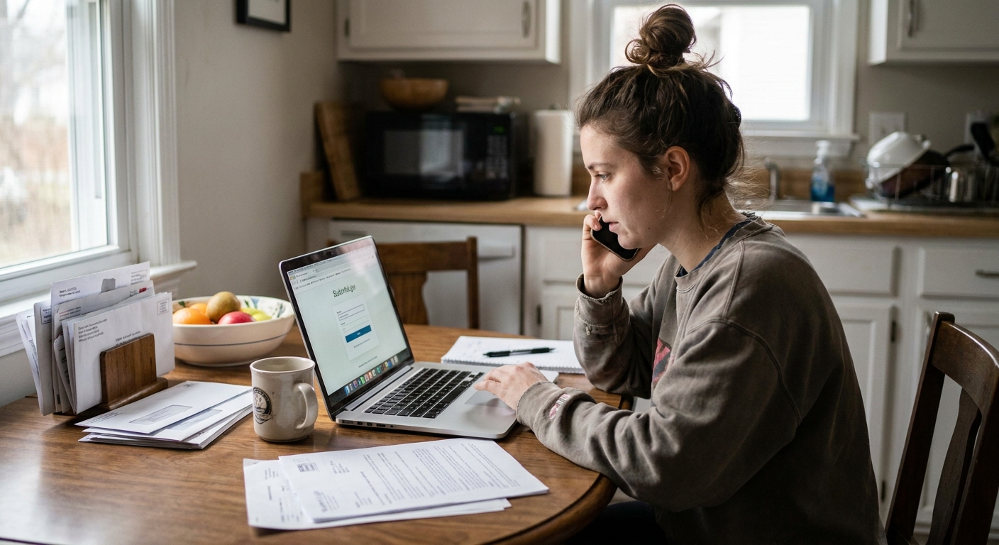 A borrower sitting at a kitchen table logging into a student loan account on a laptop while holding a phone, realistic home photo