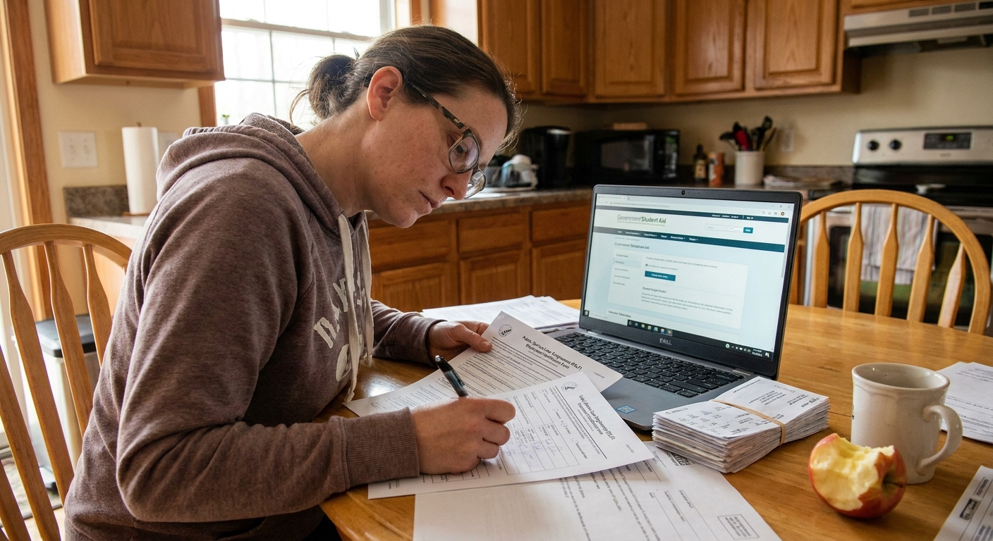 A borrower sitting at a kitchen table reviewing a Public Service Loan Forgiveness employment certification form next to a laptop and a stack of pay stubs, realistic indoor photograph