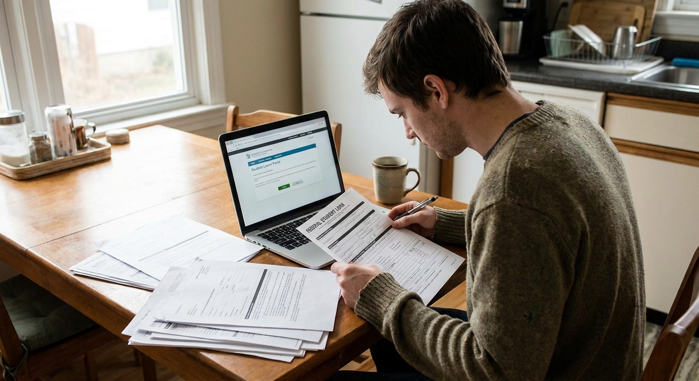 A borrower sitting at a kitchen table reviewing federal student loan paperwork next to a laptop and a cup of coffee, natural window light, real photo
