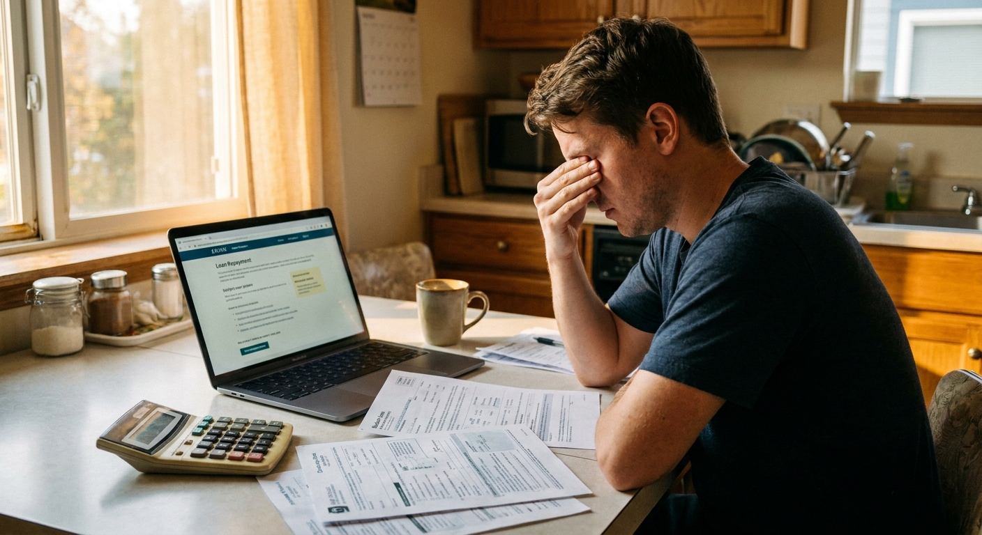 A borrower sitting at a kitchen table reviewing student loan repayment paperwork next to a laptop and a calculator in warm natural light, candid photo style