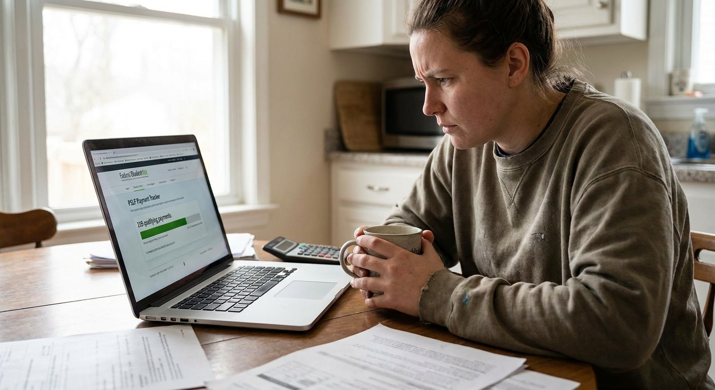 A borrower sitting at a kitchen table reviewing their federal student loan PSLF payment tracker on a laptop, natural light, candid real-life photograph