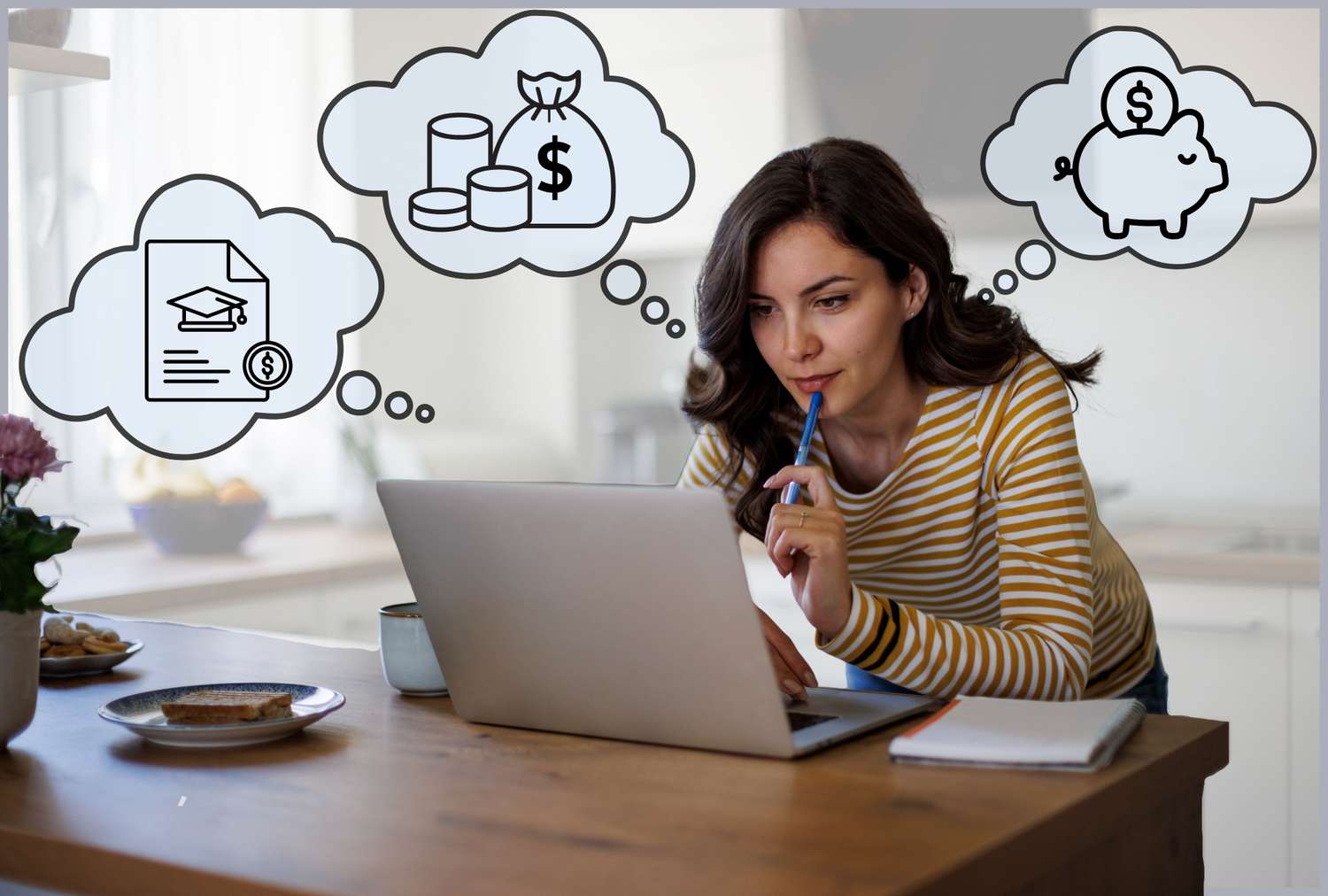 A borrower sitting at a kitchen table with a laptop open, reviewing student loan information and a household budget worksheet in warm evening light, real-life photography style