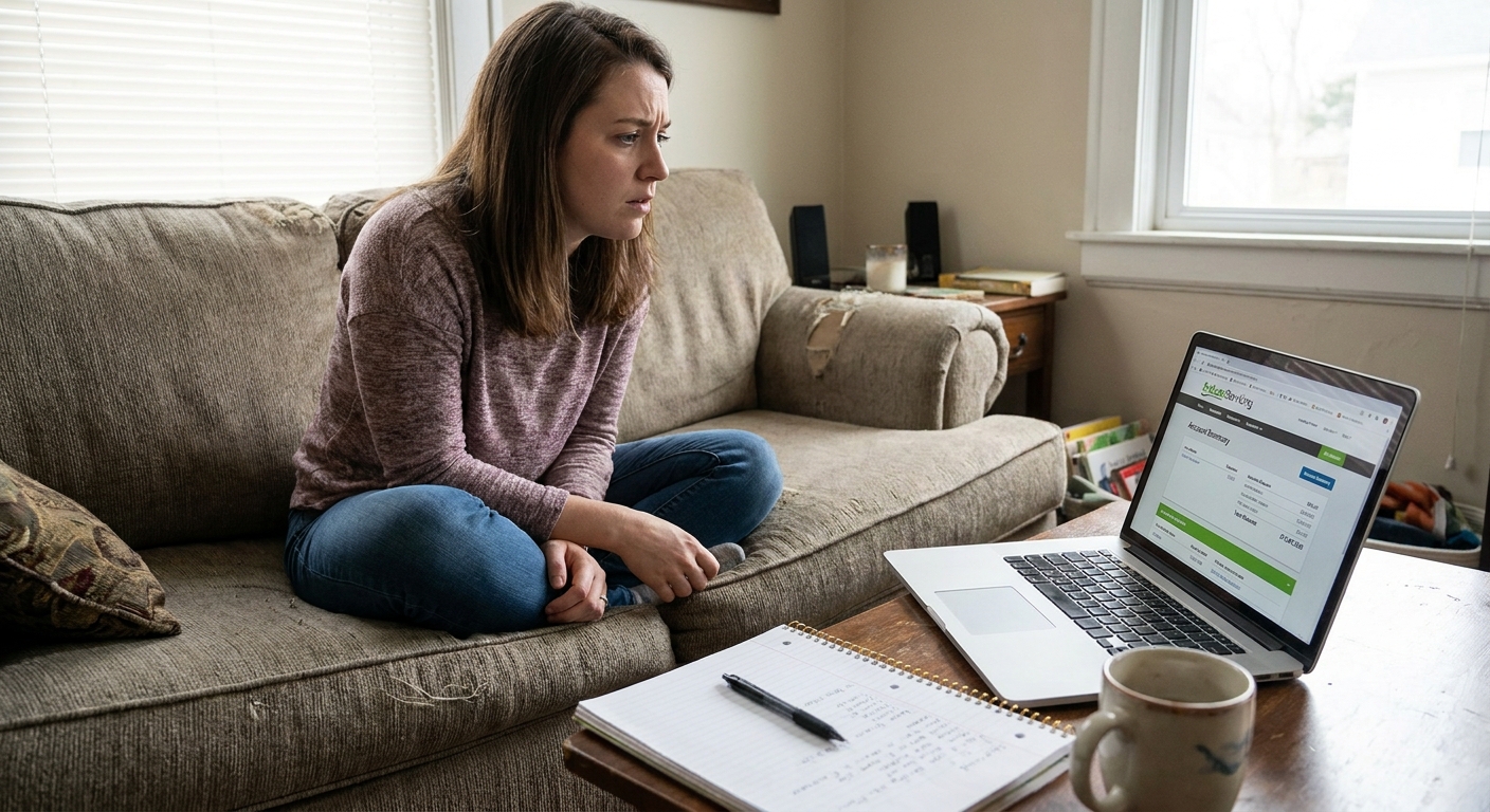 A borrower sitting on a couch checking a federal student loan servicer account on a laptop with a notebook and pen nearby, realistic photo