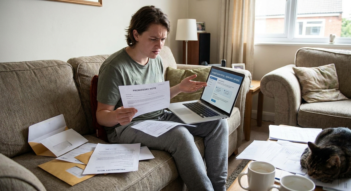 A borrower sitting on a couch reviewing student loan paperwork with a laptop open, realistic indoor photo