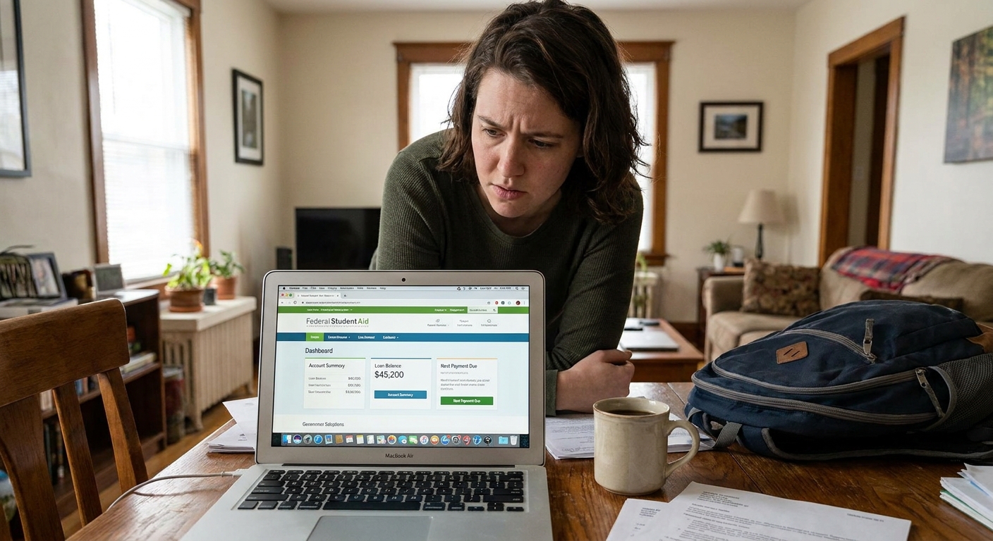 A borrower viewing a federal student aid account page on a laptop screen at home, realistic photo