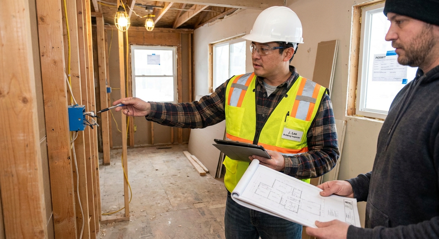 A building inspector wearing a hard hat reviewing a home renovation area during a code compliance visit, realistic indoor photograph