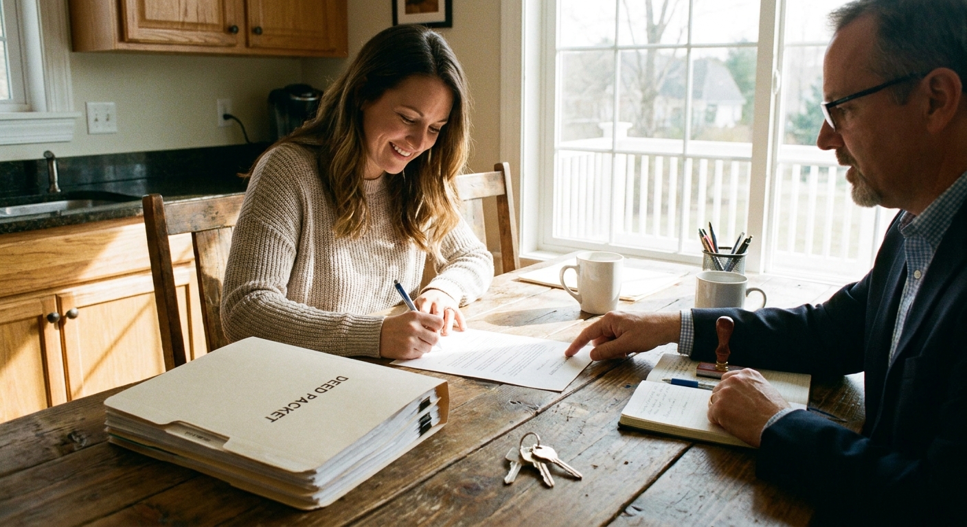 A buyer signing real estate closing documents at a kitchen table with a notary present, with a deed packet and keys nearby, natural indoor light, real photo style