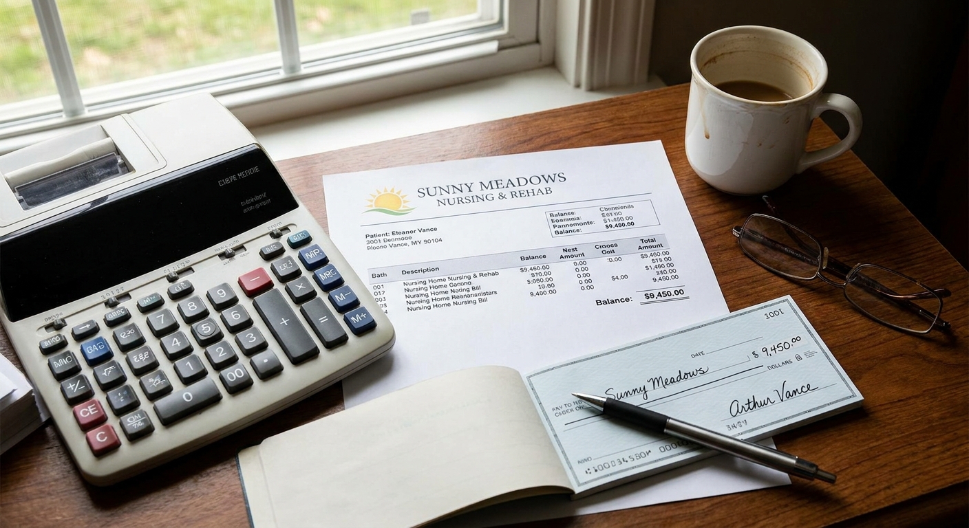 A calculator next to a printed nursing home bill and a checkbook on a desk