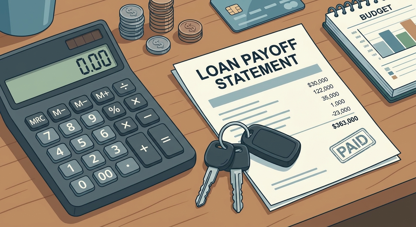 A calculator on a desk next to a set of car keys and a printed loan payoff statement