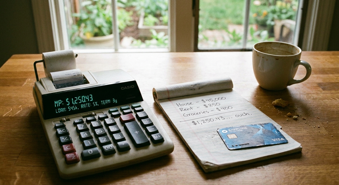 A calculator showing a monthly payment calculation beside a notepad with handwritten numbers and a credit card on a kitchen table